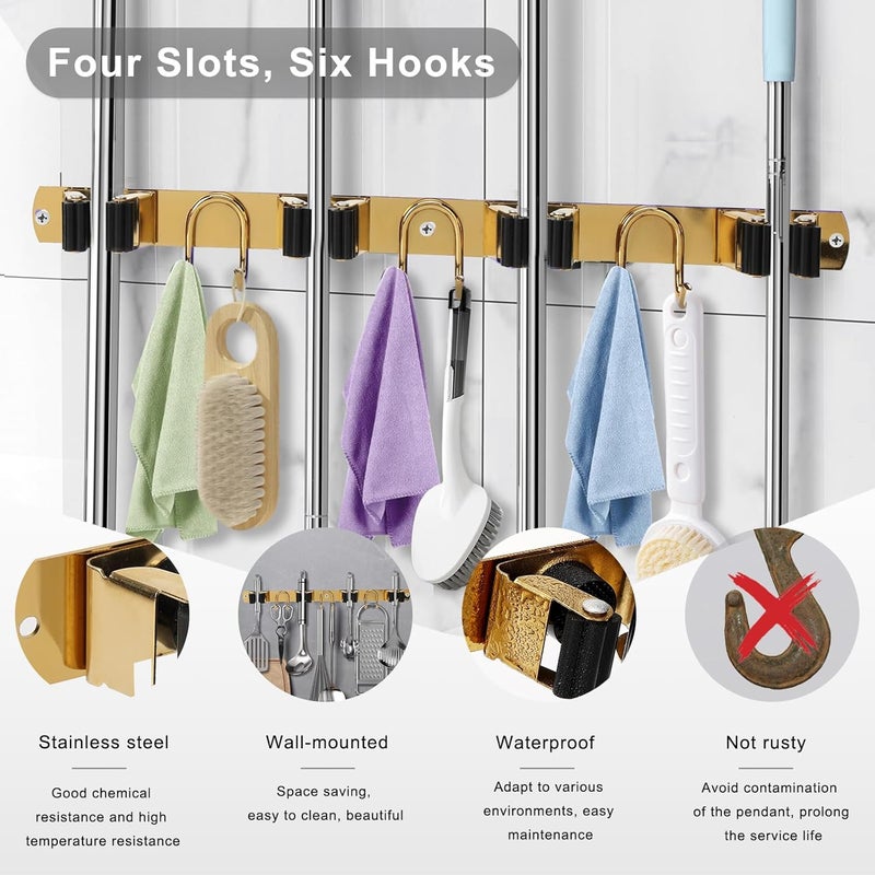 GUUKAR Mop Broom Holder Wall Mount, Gold Stainless Steel Tool Storage Organizer for Kitchen Garden Garage Laundry Room Bathroom and RV with 4 Slots 6 Hooks - Image 2